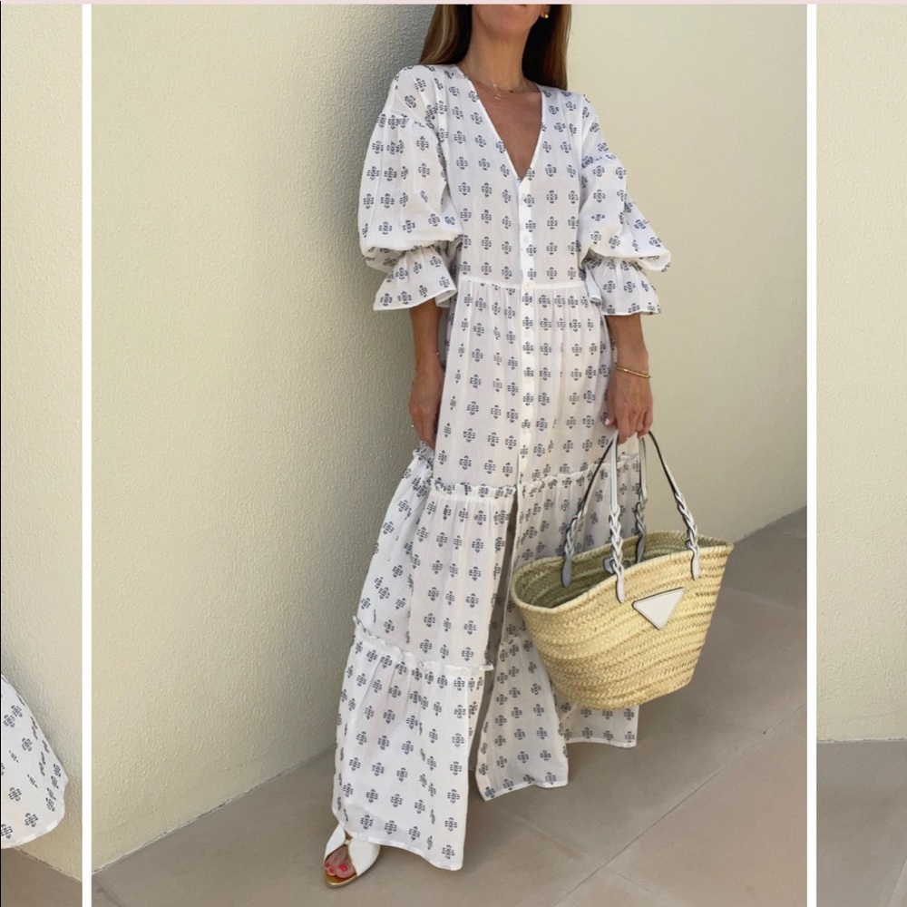 NWT Vita Grace Harlow Embroidered Flowing Day Embroidered White Blue Dress Cotto